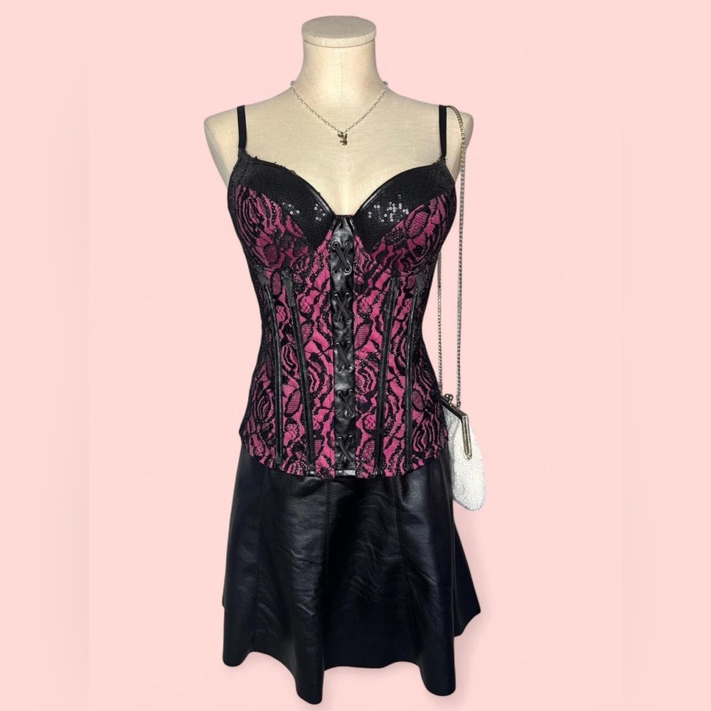 Hot Pink & Black Floral Lace Corset Top Woman’s M